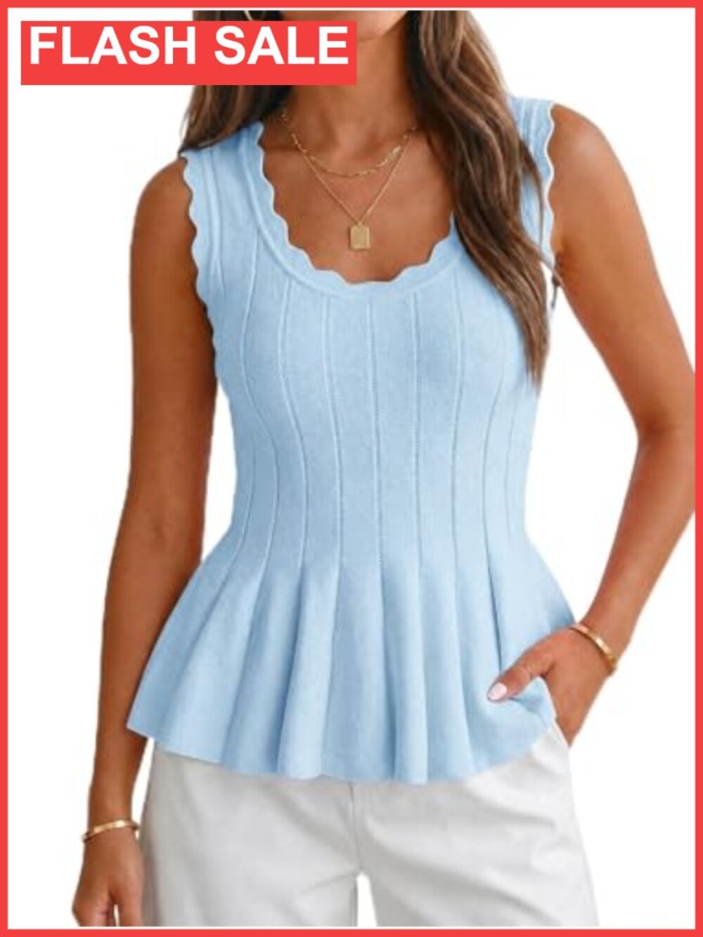 Pleated Peplum Tank Top Ribbed Knit Scalloped Neck Fitted Blouse